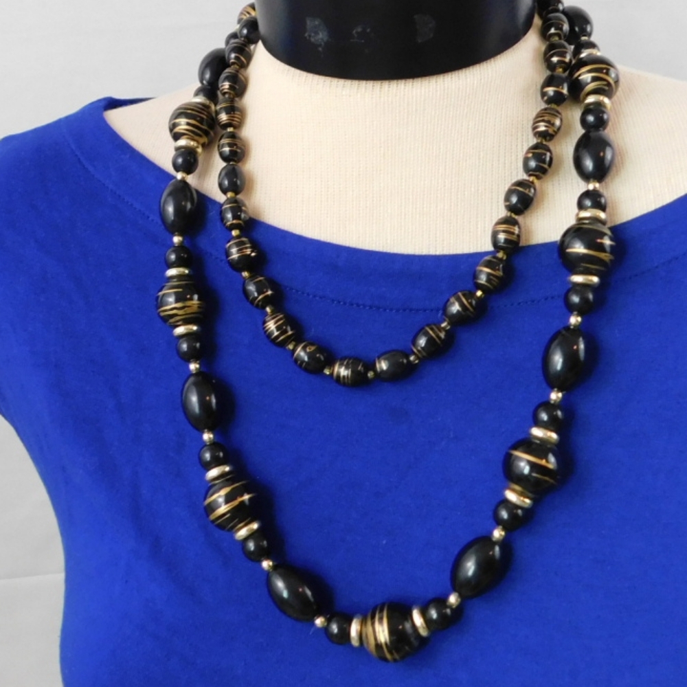 1980's Black and gold beaded layer necklaces,